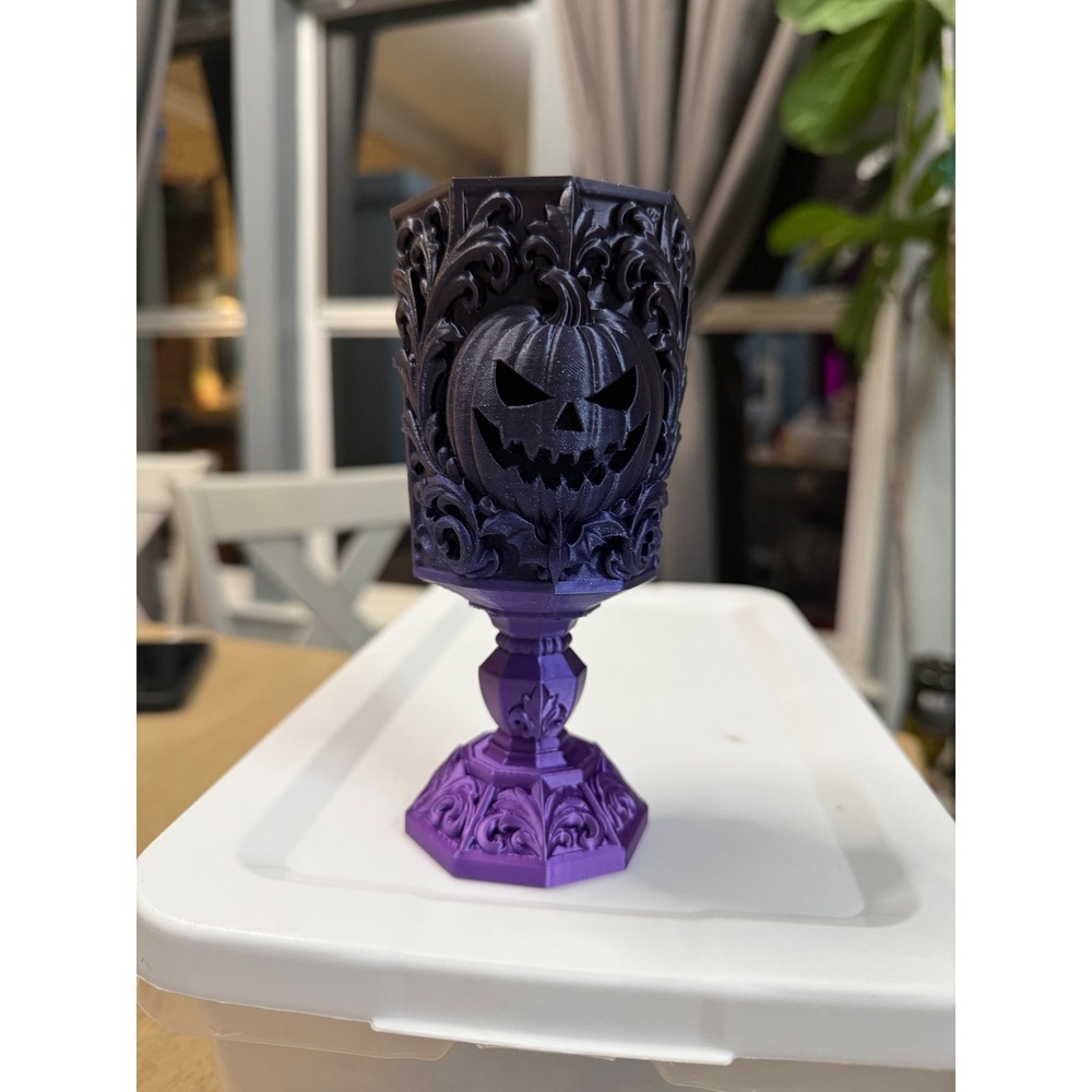 3D Printed Halloween Jack-O-Lantern Gothic Filigree Goblet Metallic Purple 6.75"